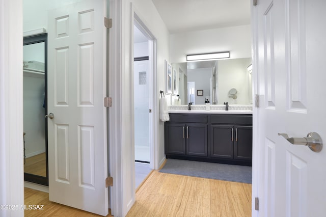 bathroom with a sink, double vanity, and wood finished floors