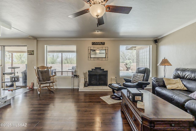 living area with a ceiling fan, a fireplace, ornamental molding, and wood finished floors