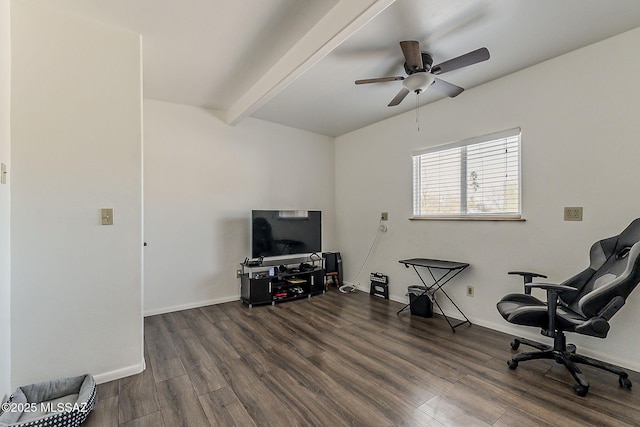 interior space with ceiling fan, baseboards, dark wood-style flooring, and beamed ceiling