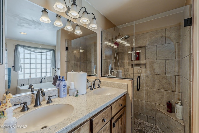 bathroom featuring double vanity, a sink, a bath, and a shower stall