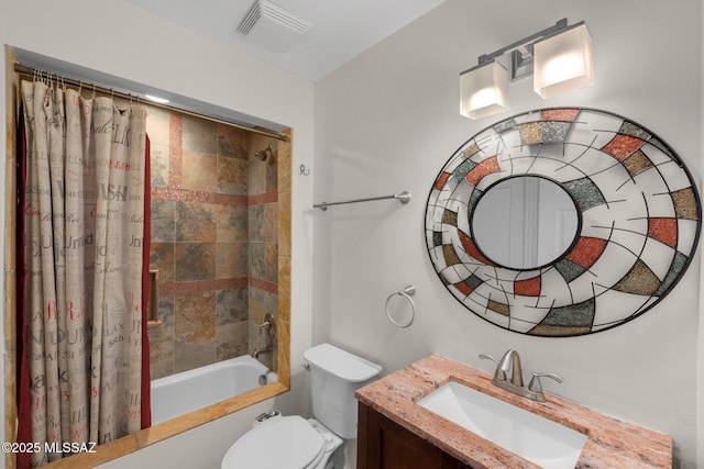 bathroom with visible vents, shower / tub combo with curtain, vanity, and toilet