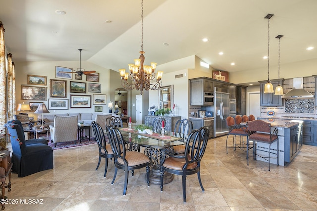 dining space featuring lofted ceiling, recessed lighting, visible vents, and ceiling fan with notable chandelier