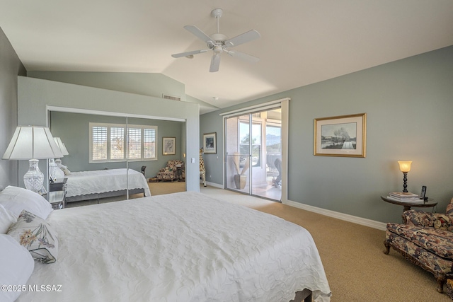 carpeted bedroom featuring a ceiling fan, visible vents, vaulted ceiling, access to outside, and baseboards