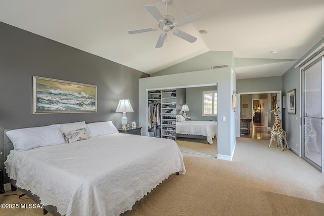 bedroom featuring light carpet, visible vents, a ceiling fan, vaulted ceiling, and a closet