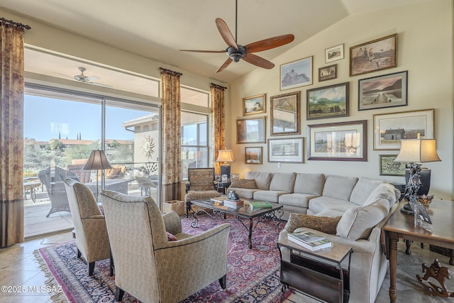 tiled living area featuring vaulted ceiling and a ceiling fan