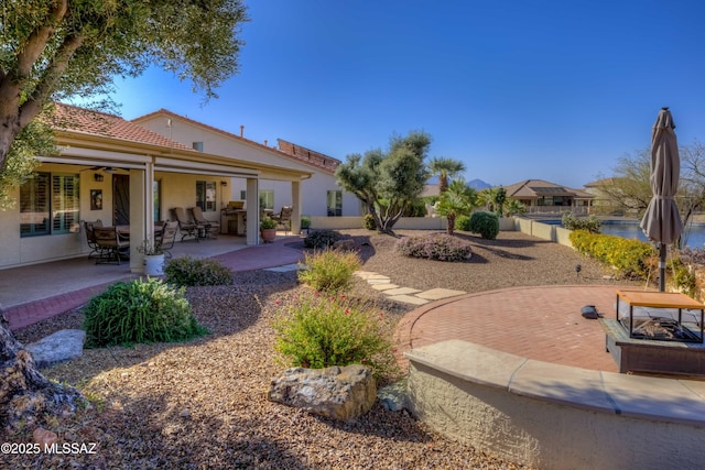 view of yard featuring a patio and a ceiling fan