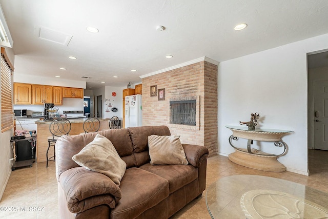 living room with recessed lighting and light tile patterned flooring