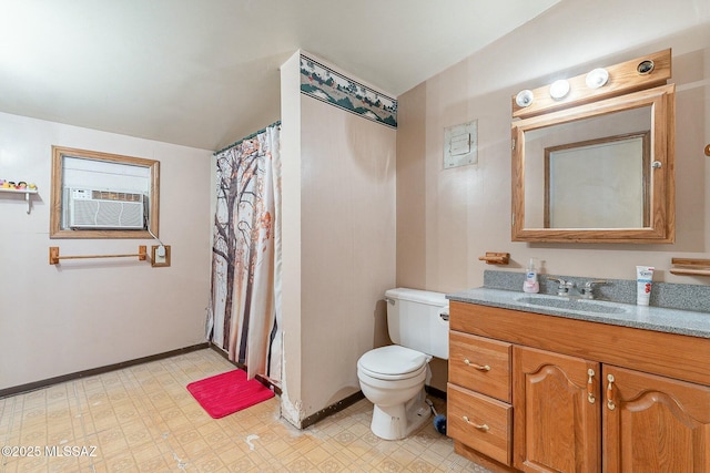 full bathroom with baseboards, toilet, tile patterned floors, cooling unit, and vanity