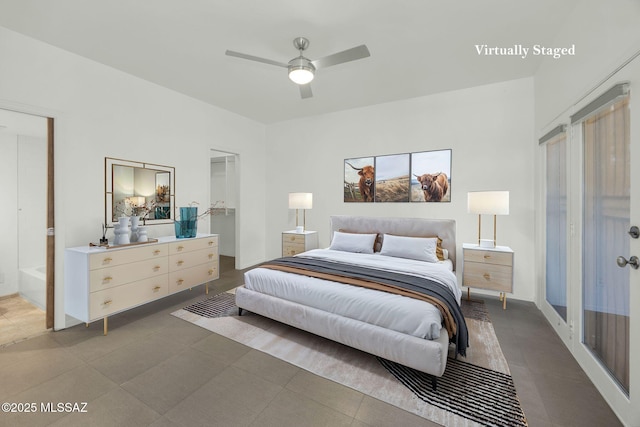 bedroom featuring ceiling fan, a spacious closet, and tile patterned flooring