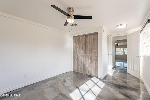 unfurnished bedroom with visible vents, baseboards, a closet, and ornamental molding