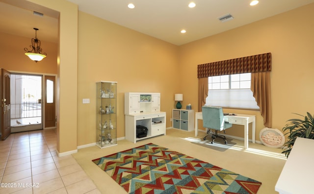 office with recessed lighting, visible vents, plenty of natural light, and tile patterned floors