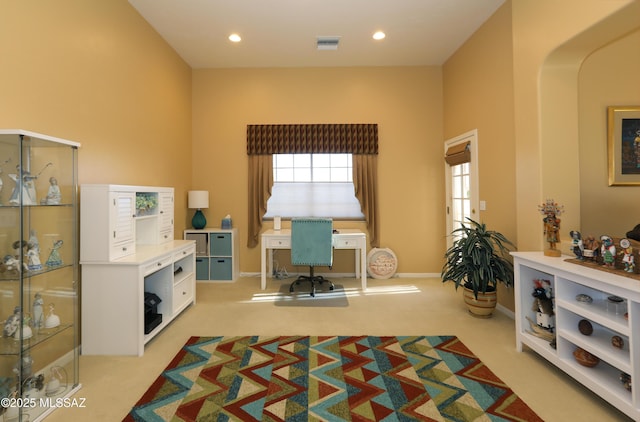 home office with recessed lighting, carpet flooring, visible vents, and baseboards