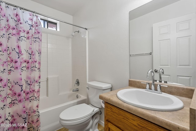 bathroom featuring shower / tub combo with curtain, vanity, and toilet