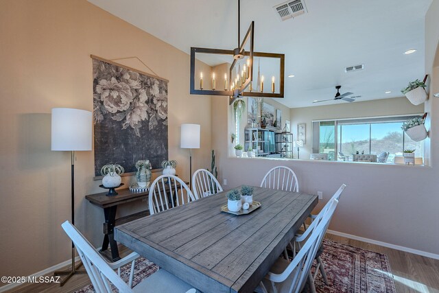 dining space featuring visible vents, recessed lighting, baseboards, and wood finished floors