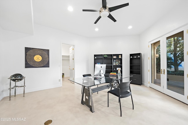 home office featuring baseboards, french doors, concrete floors, and recessed lighting