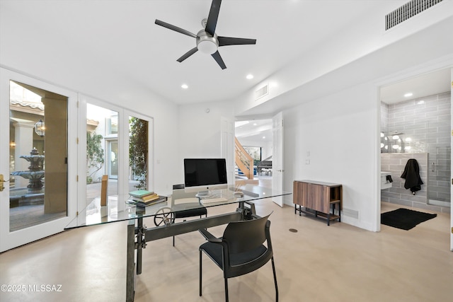 office area featuring finished concrete floors, visible vents, a ceiling fan, and recessed lighting