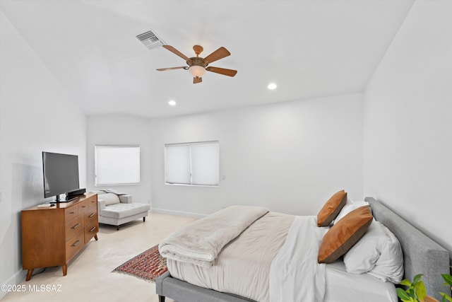 bedroom featuring baseboards, ceiling fan, visible vents, and recessed lighting