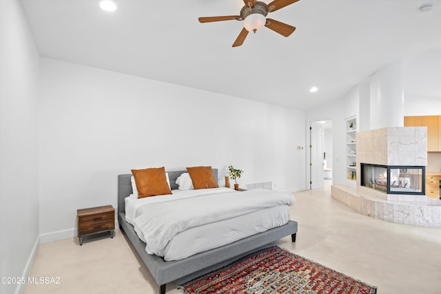 bedroom featuring ceiling fan, recessed lighting, a fireplace, visible vents, and baseboards