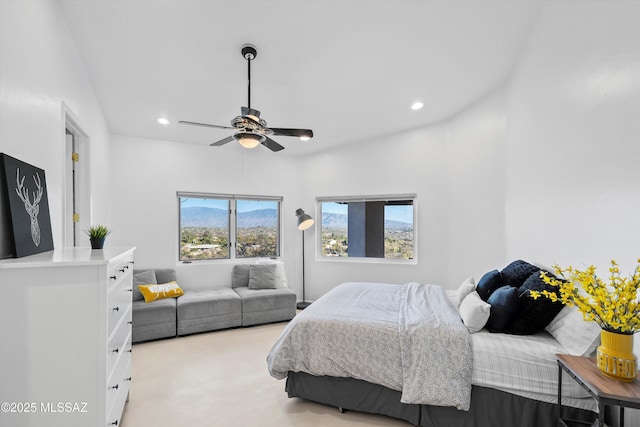 bedroom featuring recessed lighting, light carpet, and ceiling fan