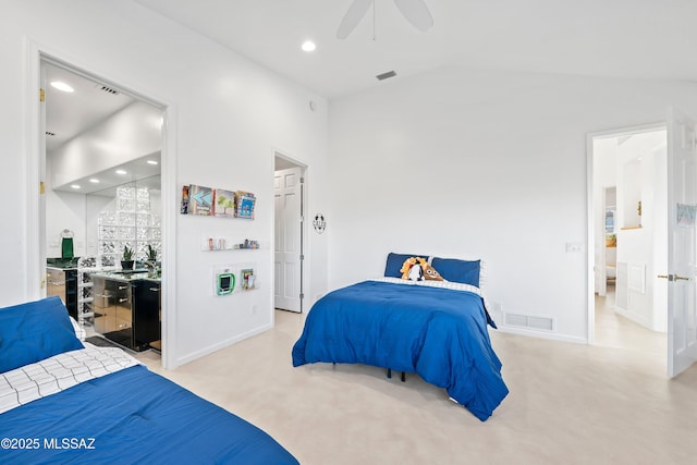 bedroom featuring lofted ceiling, visible vents, ceiling fan, and recessed lighting