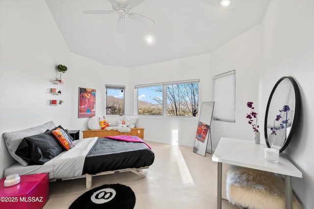 bedroom featuring baseboards, ceiling fan, finished concrete floors, and recessed lighting