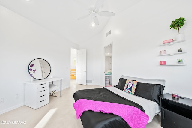 bedroom with baseboards, visible vents, ceiling fan, ensuite bathroom, and high vaulted ceiling