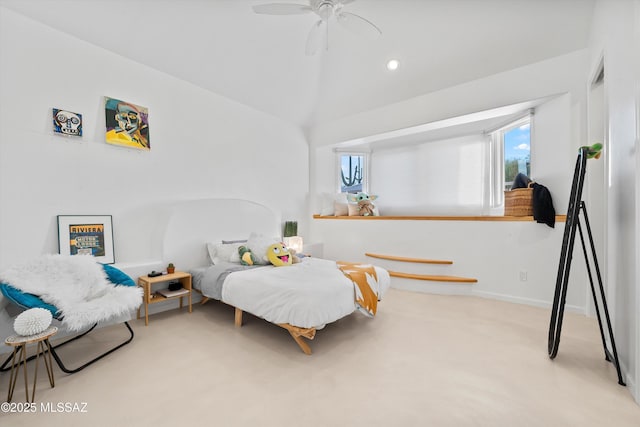 bedroom with recessed lighting, carpet flooring, vaulted ceiling, ceiling fan, and baseboards