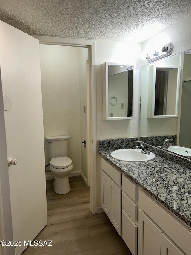 bathroom featuring toilet, vanity, a textured ceiling, and wood finished floors