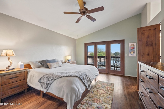 bedroom with access to exterior, baseboards, dark wood finished floors, lofted ceiling, and a ceiling fan