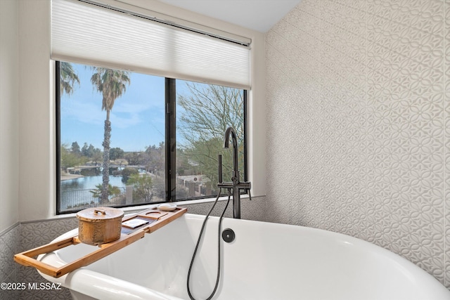 interior space featuring a freestanding tub and plenty of natural light