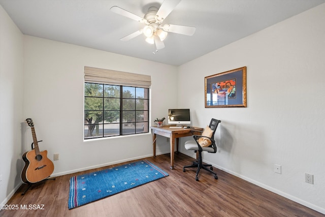 office with ceiling fan, baseboards, and wood finished floors