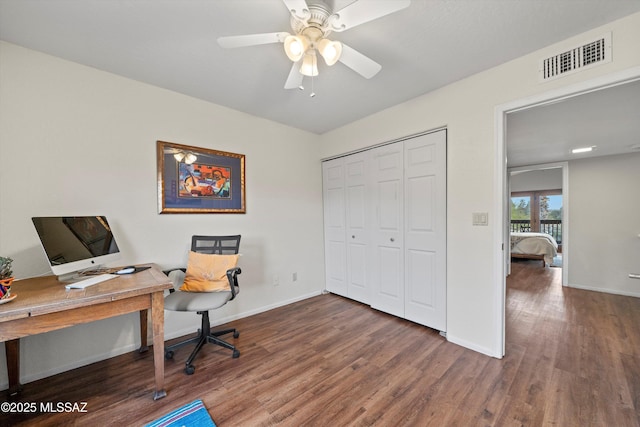 office space with visible vents, baseboards, wood finished floors, and a ceiling fan