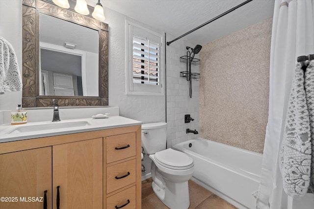 full bathroom with toilet, vanity, and shower / bathtub combination with curtain