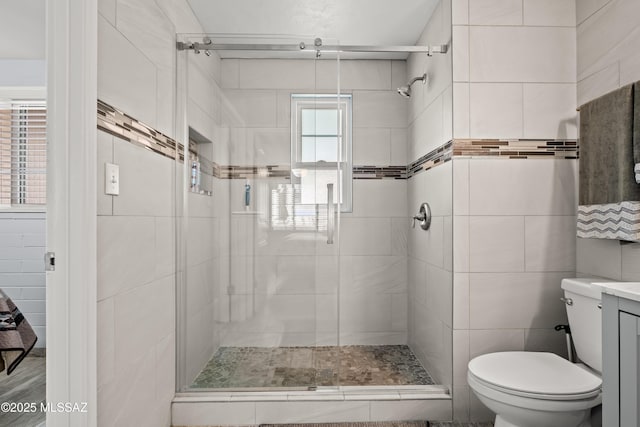 bathroom with tile walls, a shower stall, toilet, and vanity