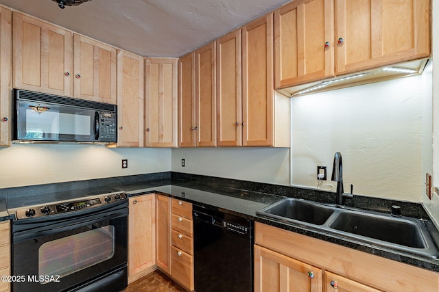 kitchen featuring a sink, black appliances, and light brown cabinets