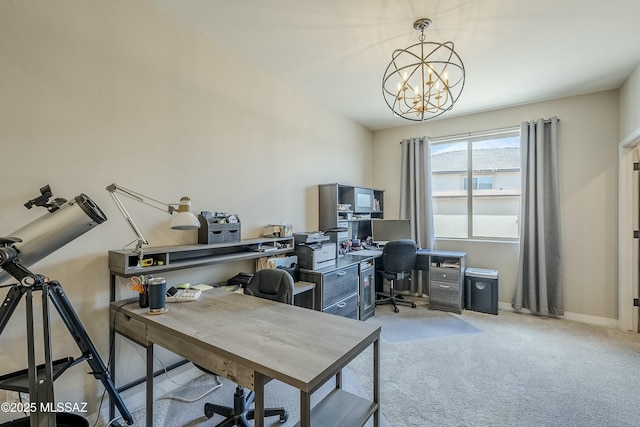 office space with baseboards, light colored carpet, and a chandelier