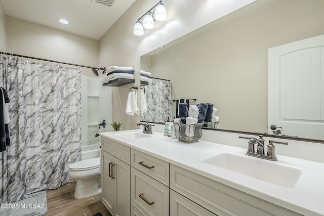 full bathroom featuring wood tiled floor, toilet, double vanity, and a sink