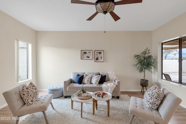 living room featuring plenty of natural light, baseboards, and wood finished floors