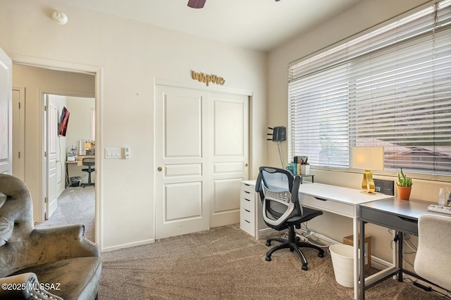 carpeted office with ceiling fan