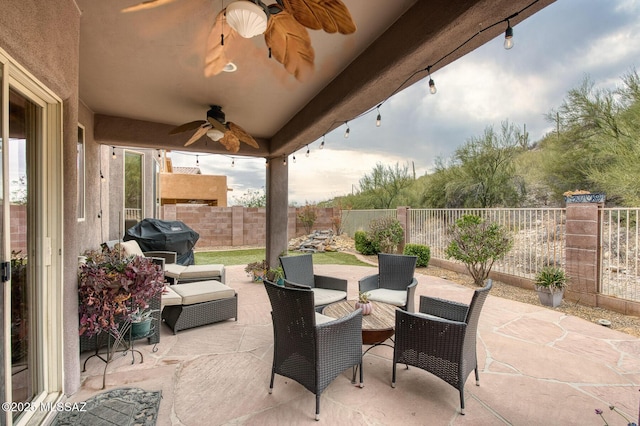 view of patio / terrace featuring ceiling fan, outdoor lounge area, a fenced backyard, and area for grilling