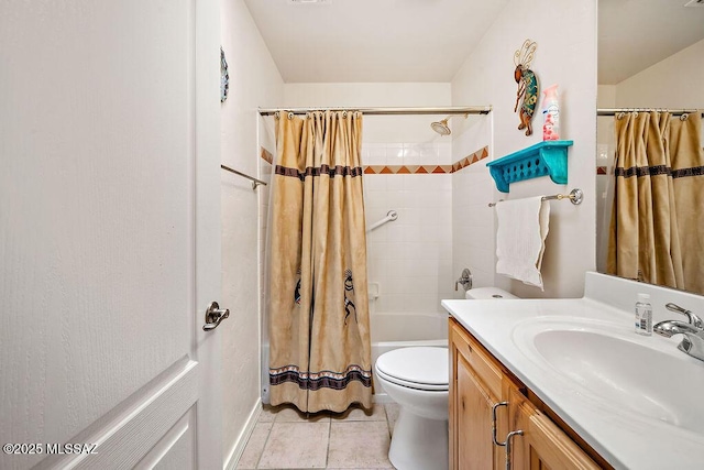 bathroom with visible vents, toilet, tile patterned floors, shower / bathtub combination with curtain, and vanity