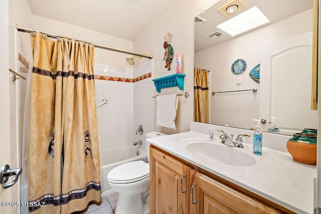 bathroom featuring visible vents, toilet, shower / bath combo with shower curtain, vanity, and tile patterned flooring