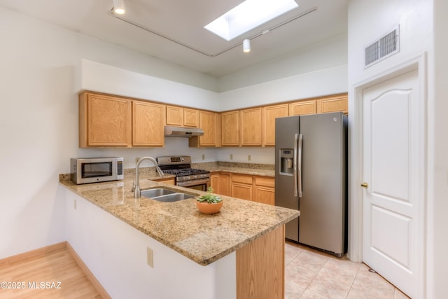 kitchen with visible vents, under cabinet range hood, appliances with stainless steel finishes, a skylight, and a peninsula