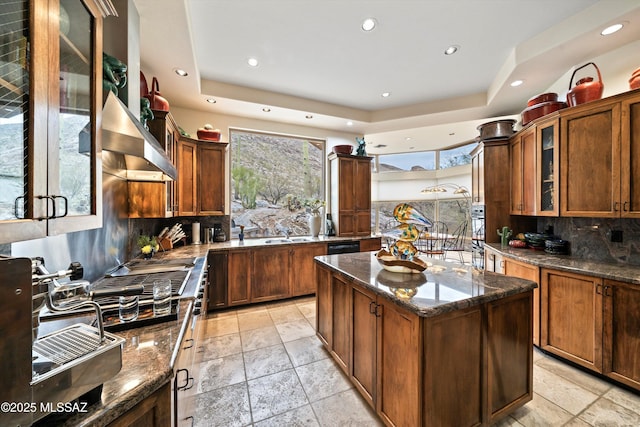 kitchen with a kitchen island, plenty of natural light, and a raised ceiling