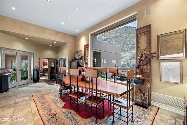 dining room with recessed lighting, french doors, and visible vents