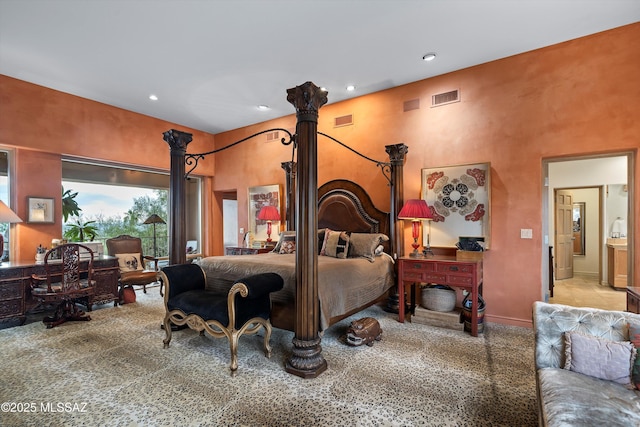 bedroom featuring baseboards, carpet, visible vents, and recessed lighting