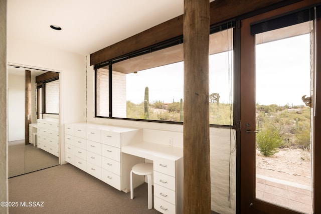 interior space featuring carpet, plenty of natural light, and built in study area