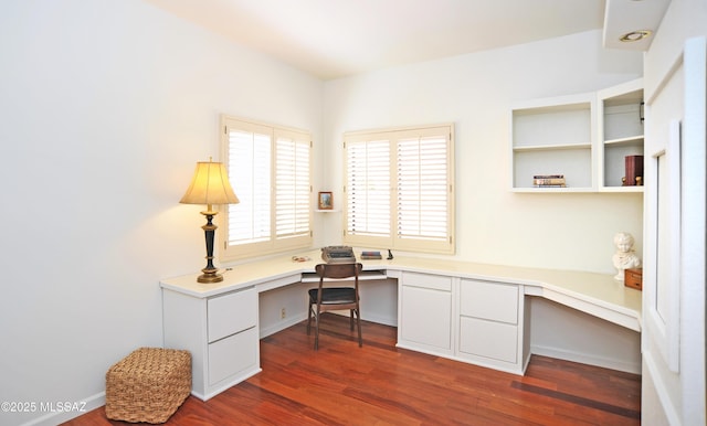 office featuring built in study area and dark wood finished floors