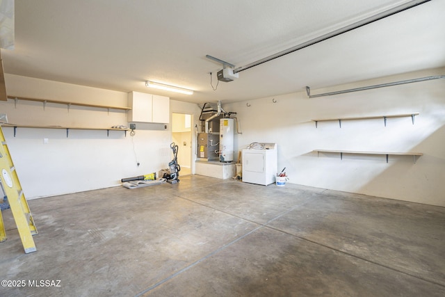 garage with washer / clothes dryer, gas water heater, and a garage door opener