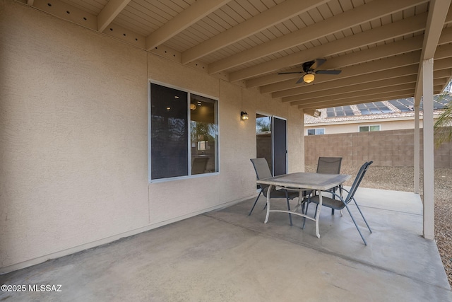 view of patio / terrace with ceiling fan, outdoor dining space, and fence